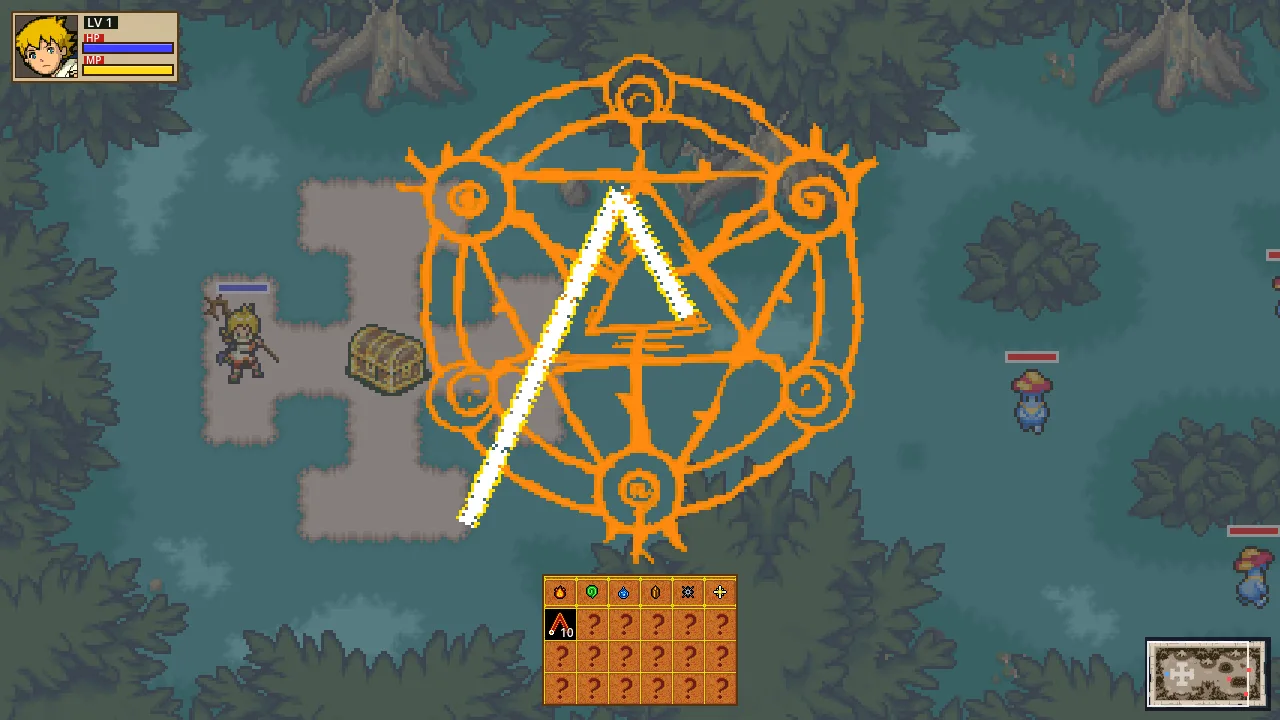 Drawing the fire rune over the magic circle, with the rune bar below